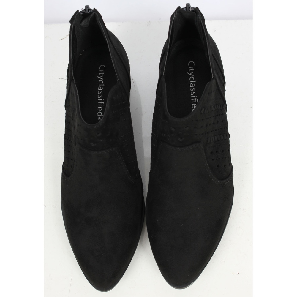 Black Faux Suede Perforated Low Heel Ankle Boot - Picture 4 of 6